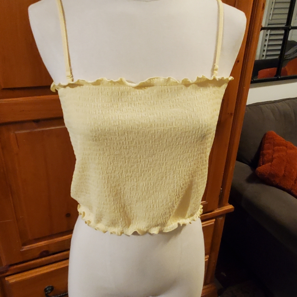 Yellow Smocked Crop Vintage Style 70s Summer Cute Babydoll Women's Top